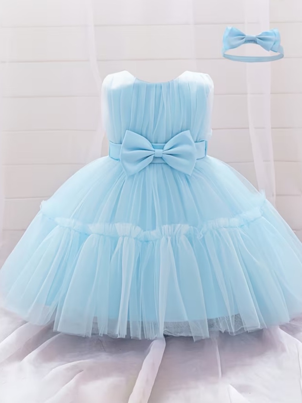 Sky Blue Tulle Bow Flower Girl Dress with Headband